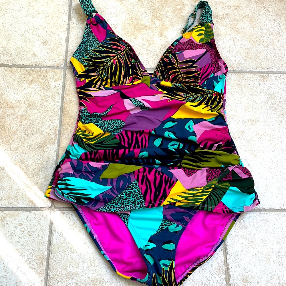 Bleu Rod Beattie Tropical Print One-Piece Swimsuit in Magenta, Teal, Yellow
